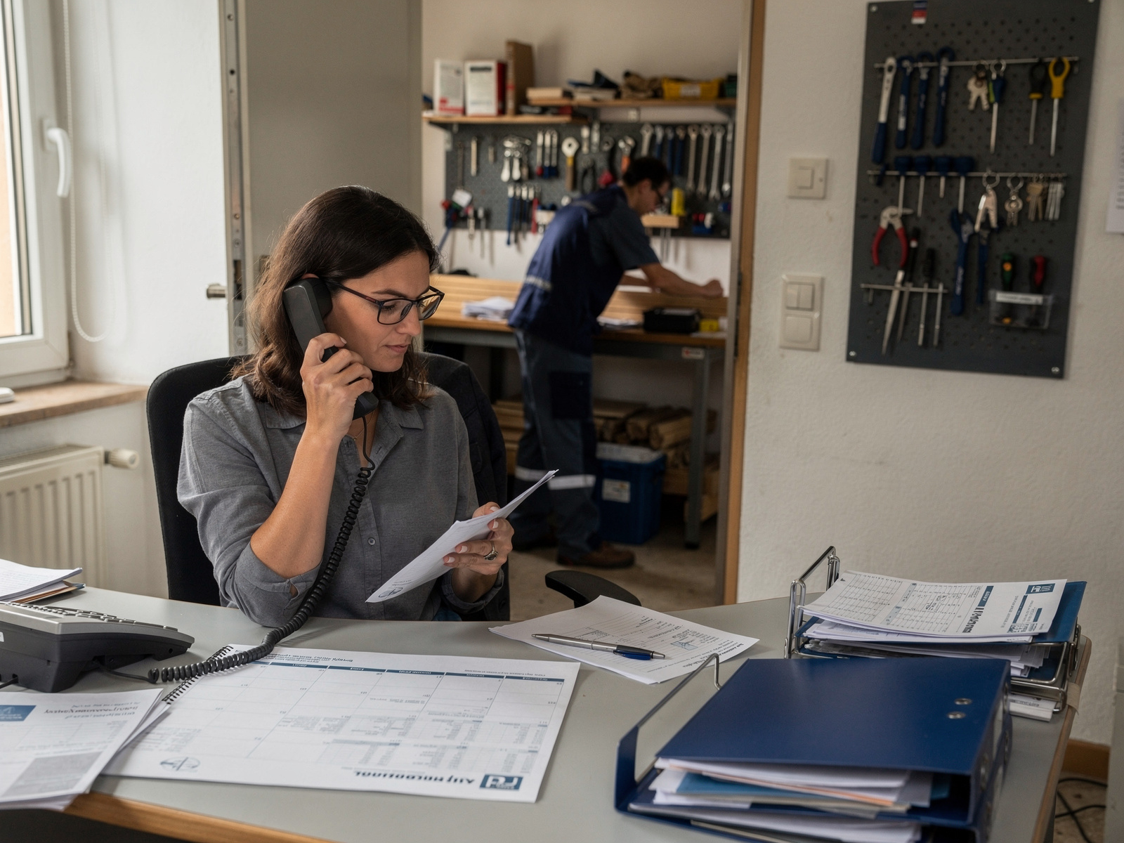 Bürokoordinatorin in einem Handwerksbetrieb am Telefon mit Blick in die Werkstatt