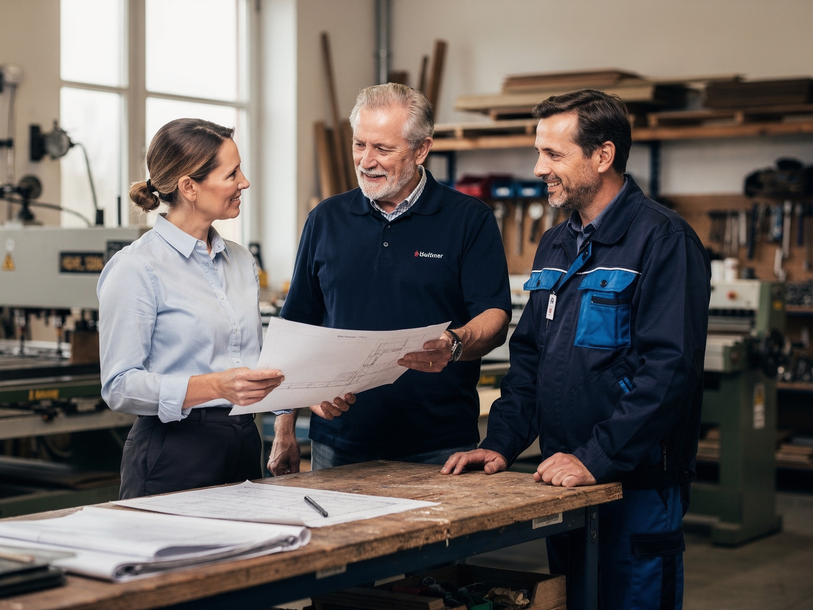 Team in einem Handwerksbetrieb bespricht den Arbeitstag an der Werkbank